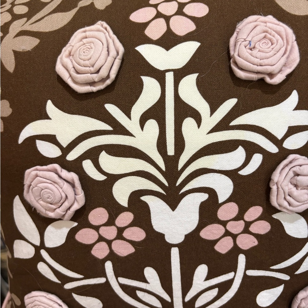Set Of Three Decorative Pillows. Brown And Pink Rose Appliqué - Picture 5 of 12